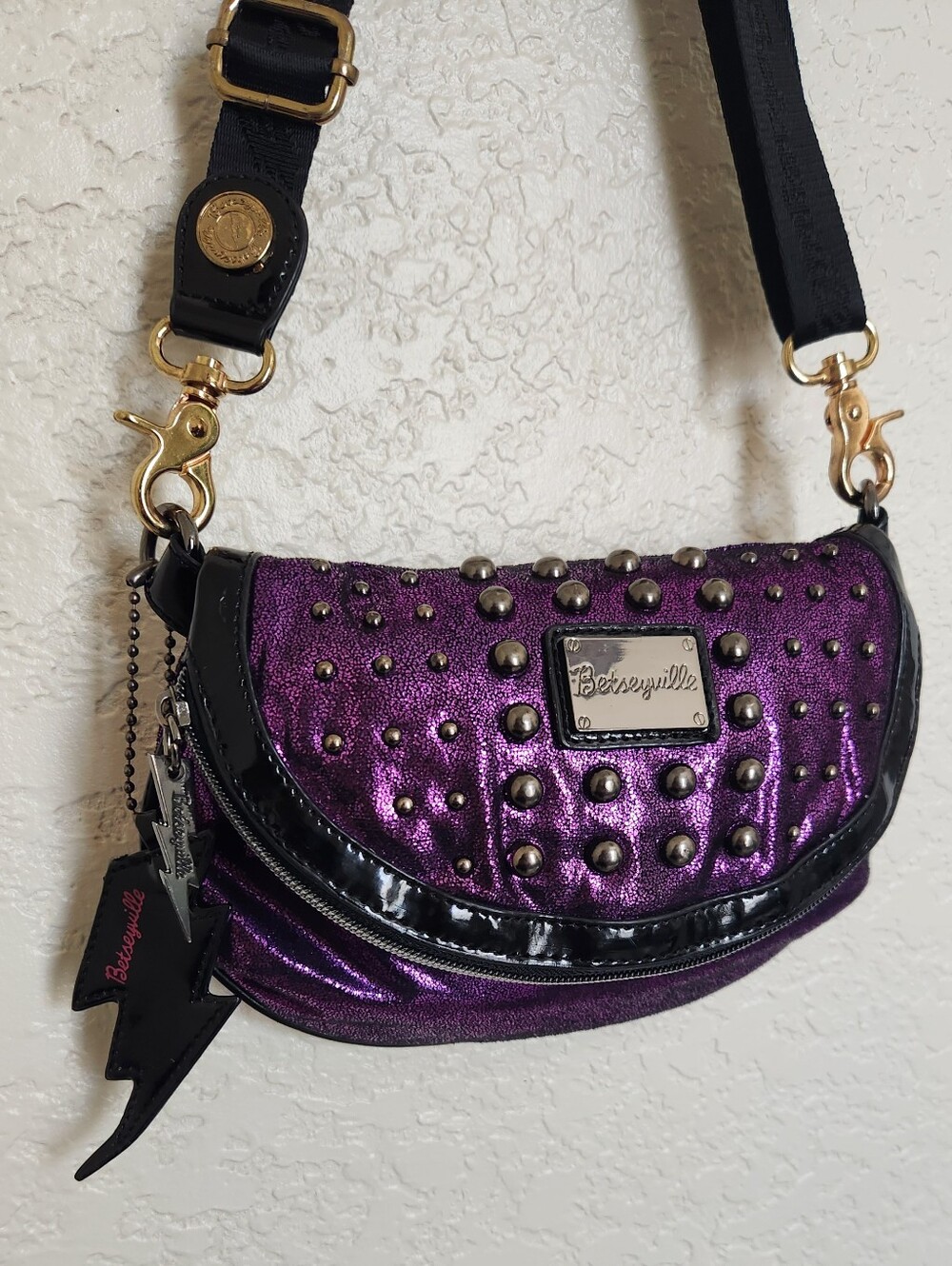 Vintage Betseyville by Betsey Johnson Metallic Purple Studded Crossbody Bag
